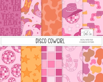 Disco Cowgirl Digital Papers, Music Festival Seamless Patterns