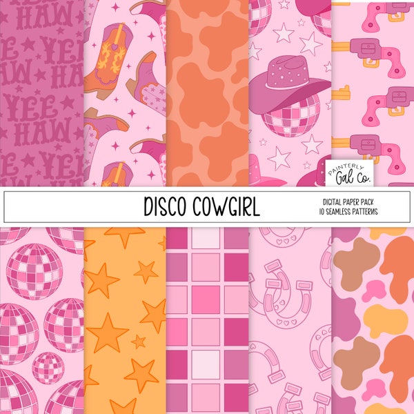 Disco Cowgirl Digital Papers, Music Festival Seamless Patterns