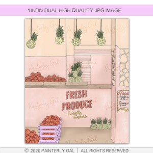 May include: A digital illustration of a pink storefront with a sign that reads "FRESH PRODUCE Locally Grown". The storefront has a shelf with red apples and pineapples hanging from the ceiling.