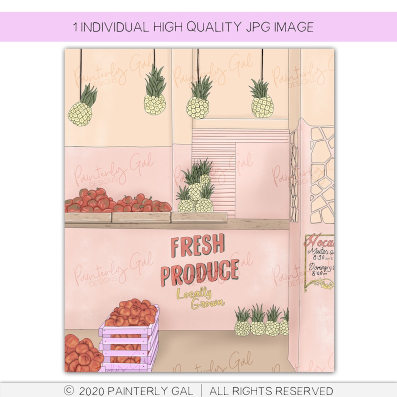 May include: A digital illustration of a pink storefront with a sign that reads "FRESH PRODUCE Locally Grown". The storefront has a shelf with red apples and pineapples hanging from the ceiling.