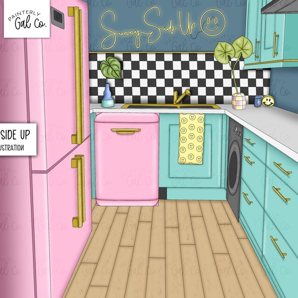 Sunny Side Up | Retro Kitchen Scene illustration.  Modern Kitchen Digital art, Digital Planner Stickers.