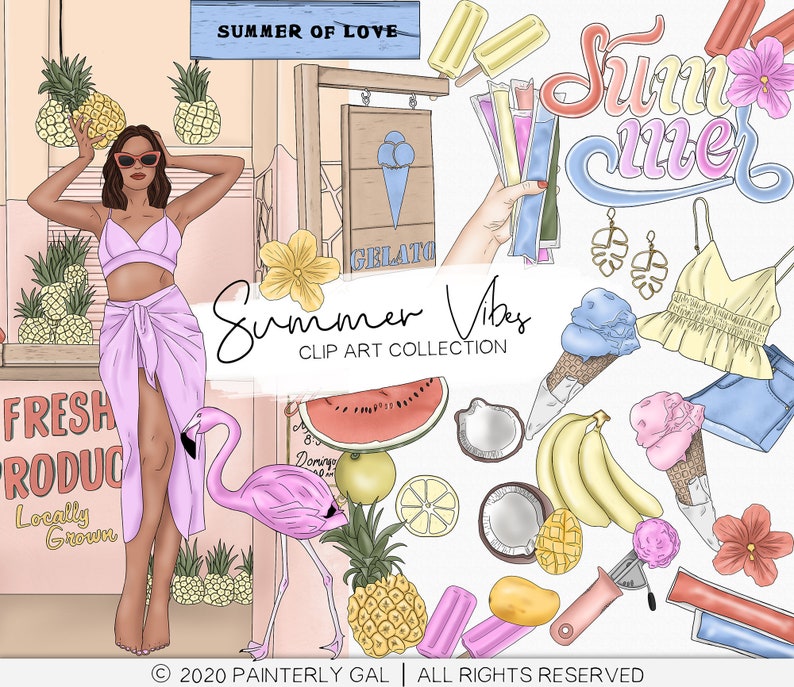 May include: A digital illustration clip art collection with a summer theme. The collection includes a woman in a pink bikini and skirt, a flamingo, pineapples, watermelon, ice cream cones, popsicles, coconuts, bananas, mango, and a sign that says "Summer of Love" and "Summer Vibes".