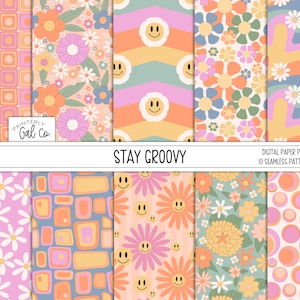 May include: A digital paper pack featuring 10 seamless patterns in a retro 70s style. The patterns include daisies, smiley faces, squares, and circles in shades of pink, orange, yellow, and blue. The text "Stay Groovy" is displayed at the top of the image.