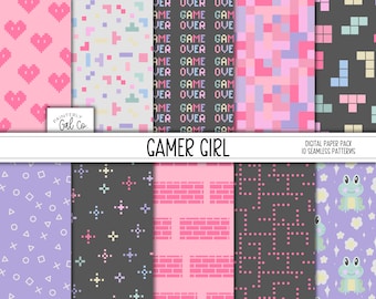 Gamer Girl digital papers | Gaming, Modern, Seamless Patterns | Scrapbooking Paper | Retro Games Print
