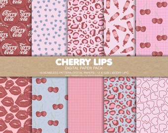Cherry Lips Digital Paper | Valentine's Day Seamless Pattern | Digital Scrapbooking Paper.