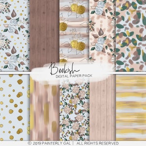 May include: A digital paper pack labelled "Bookish" with diverse patterns. Designs include floral arrangements, wood textures, and abstract brushstrokes in gold, brown, and blue. The pack is a collection of digital art.