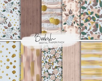 Bookish Digital Papers | Rustic Floral Seamless Patterns | Digital Scrapbooking Paper.