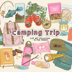 Peut inclure: Une collection d'images numériques intitulée Camping Trip comprenant des illustrations d'un sac à dos rose, de jumelles rouges, d'une boussole, d'une canne à pêche, d'un poisson, d'une carte, de mélange montagnard, d'un sandwich, d'une lanterne et d'un sac de couchage.