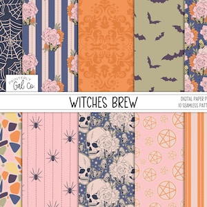 May include: A digital paper pack with 10 seamless patterns featuring a variety of Halloween themes, including skulls, bats, spiders, and pentagrams. The patterns are in a variety of colors, including pink, orange, blue, and green. The text "Witches Brew" is displayed at the top of the image.