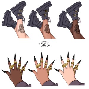May include: Three illustrations of legs wearing black platform boots with gold buckles. The boots are paired with black nail polish and gold snake rings. The text "Painterly Gal Co." is in the center of the image.