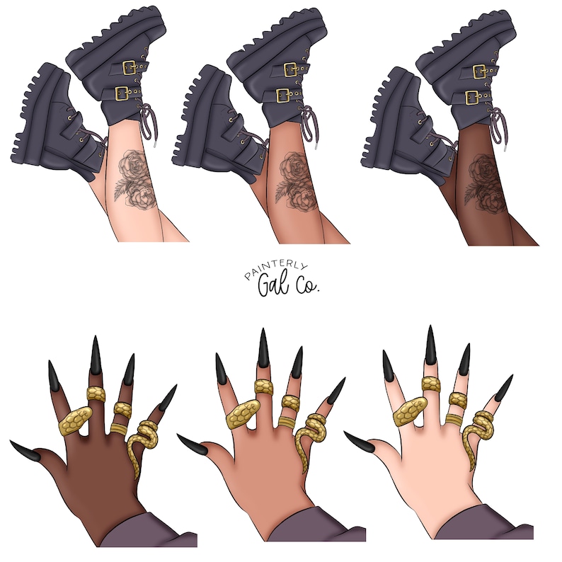 May include: Three illustrations of legs wearing black platform boots with gold buckles. The boots are paired with black nail polish and gold snake rings. The text "Painterly Gal Co." is in the center of the image.