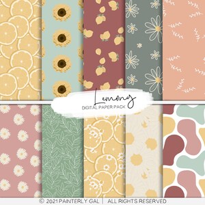 Puede incluir: Un paquete de papel digital con 8 patrones diferentes con limones, margaritas, girasoles, hojas y formas abstractas en amarillo, verde, rosa y marrón.
