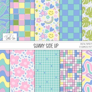 May include: A digital paper pack with 10 seamless patterns in a pastel color palette. The patterns include leaves, checkered squares, flowers, wavy lines, and abstract shapes. The text "Sunny Side Up" is displayed at the top of the image.