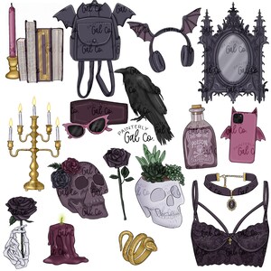 May include: A collection of gothic and spooky themed illustrations, including a black raven, a skull with flowers, a poison bottle, a black lace bra, a gold snake, a pair of sunglasses, a black backpack, a candle, a candelabra, a mirror, a phone, a choker necklace, and a book.