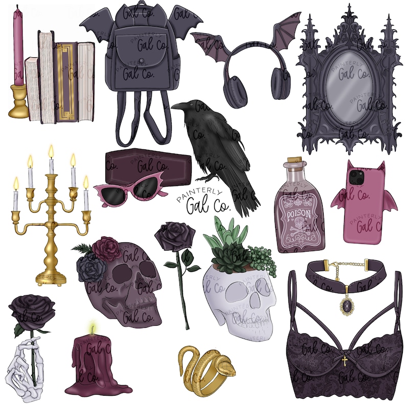 May include: A collection of gothic and spooky themed illustrations, including a black raven, a skull with flowers, a poison bottle, a black lace bra, a gold snake, a pair of sunglasses, a black backpack, a candle, a candelabra, a mirror, a phone, a choker necklace, and a book.