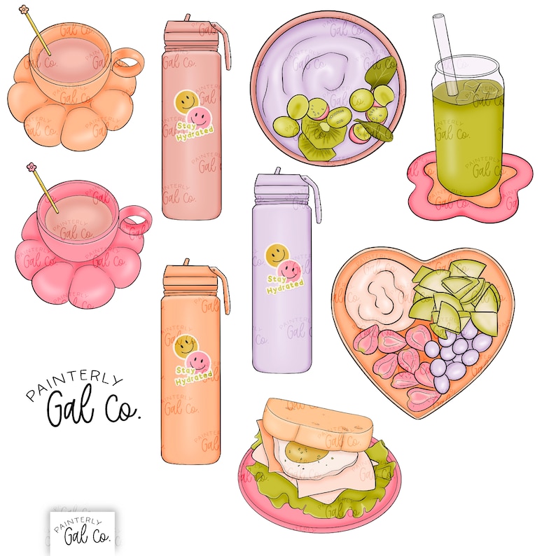 Op de afbeelding: Een digitale illustratie van een set gezonde ontbijt- en lunchartikelen. De illustratie bevat een kopje koffie, een smoothiebowl, een groene smoothie, een sandwich, een hartvormig bord met fruit en yoghurt, en drie waterflessen met de tekst "Stay Hydrated" erop. De illustratie is in cartoon-stijl met felle kleuren.
