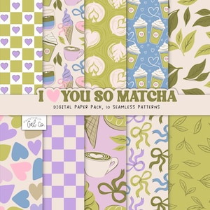 Papeles digitales I Love You So Matcha, té verde, helado, café, patrones sin costuras