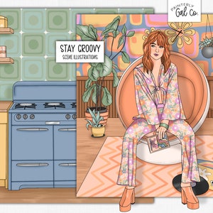 Stay Groovy | 60's, 70's Scene illustratie + Fashion Girl Clip Art. Hippie Moderne Digitale kunst, Digitale Planner Stickers.