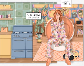 Stay Groovy | 60's, 70's Scene illustration + Fashion Girl Clip Art. Hippie Modern Digital art, Digital Planner Stickers.