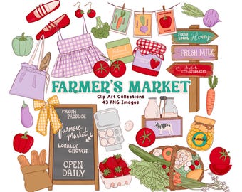 May include: A colorful illustration of a farmer's market with a variety of fresh produce, including strawberries, tomatoes, carrots, and eggplant. There are also signs that say "Fresh Local Honey", "Fresh Milk", and "Sweet Strawberries". The illustration is perfect for a farmer's market or a grocery store.