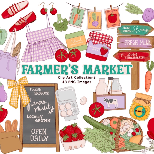 Imágenes prediseñadas del mercado de agricultores, pegatinas digitales de frutas y verduras de primavera