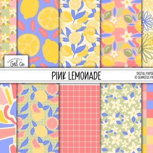 Papiers numériques de limonade rose | Été, citron, citron vert Seamless Patterns | Papier Scrapbooking | Imprimé citron floral printanier
