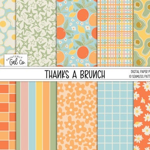 Könnte beinhalten: Ein digitales Papierpaket mit 10 nahtlosen Mustern mit verschiedenen Designs, darunter Eier, Sterne, Zitronen, Orangen, Gingham, Avocado, Blumen und karierte Muster. Die Muster sind im Retro-Stil mit einer Farbpalette aus Orange, Gelb, Blau, Grün und Weiß gehalten. Der Text "Thanks a Brunch" wird oben im Bild angezeigt.