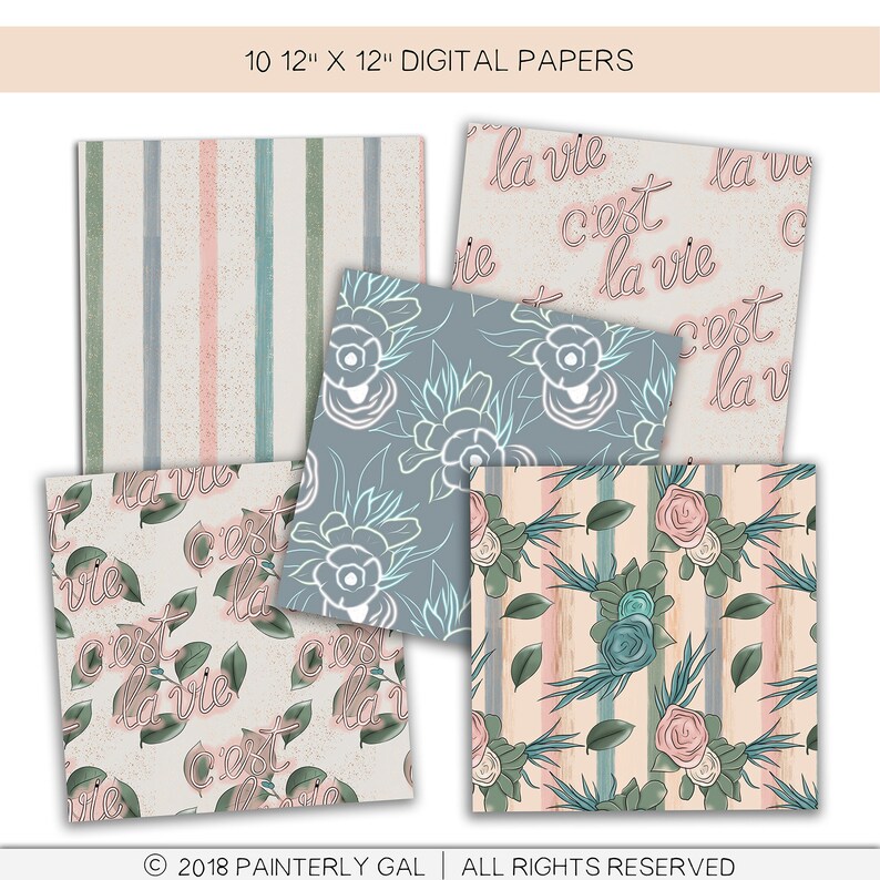 Op de afbeelding: Set van 10 digitale papieren met bloemenpatronen, strepen en de zin "la vie c'est la vie" in een roze en blauwe kleurstelling.