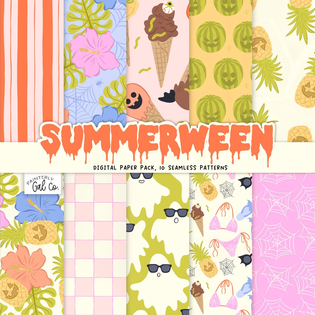 Summerween Digital Papers, Halloween in Summer Seamless Patterns - Etsy