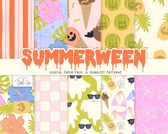 May include: A digital paper pack featuring ten seamless patterns with a summer and Halloween theme. Patterns include orange stripes, hibiscus flowers, ice cream cones, watermelons, pineapples, ghosts, and spiderwebs. The text "SUMMERWEEN" is displayed in orange.