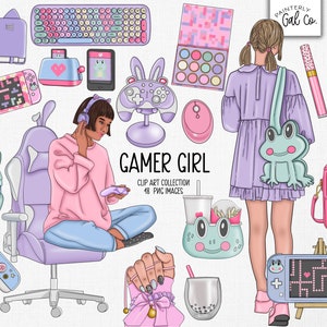 Gamer Girl Clip Art / Juegos, Sala de jugadores, imágenes prediseñadas png / Pegatinas digitales.