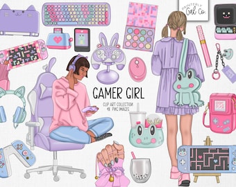 May include: A digital illustration of a gamer girl with pink and purple clothing, a frog purse, and a gaming headset. The image includes various gaming accessories, such as a controller, a keyboard, and a game console. The text "GAMER GIRL" and "CLIP ART COLLECTION 48 PNG IMAGES" is included in the image.