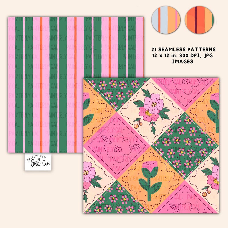 May include: A set of 21 seamless patterns in JPG format, featuring floral and geometric designs. The colour palette includes pink, green, orange, and cream. One pattern has vertical stripes, another a patchwork design with flowers. The text "PAINTERLY GAL CO." is visible.