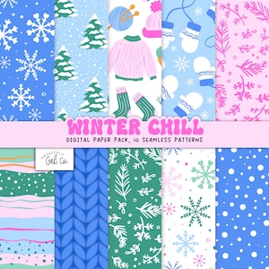 May include: A digital paper pack with 10 seamless patterns featuring winter themes. The patterns include snowflakes, trees, knitwear, mittens, and branches. The patterns are in blue, green, pink, and white.