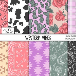May include: A digital paper pack with 10 seamless patterns featuring western themes. The patterns include pink and white paisley, black and white cow print, green cactus on pink, pink roses on beige, pink and white plaid, brown triangles on beige, pink paisley with cactus, purple geometric pattern, green paisley with cowboy hat and skull, and black cactus on black.