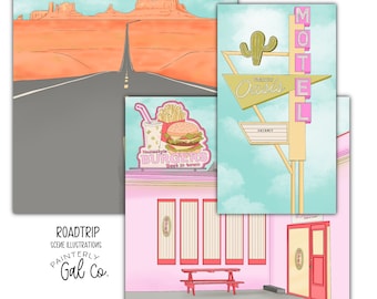 Roadtrip, Dessert, Vintage Sign, Retro Diner Scene Illustrations | Clip Art Add on