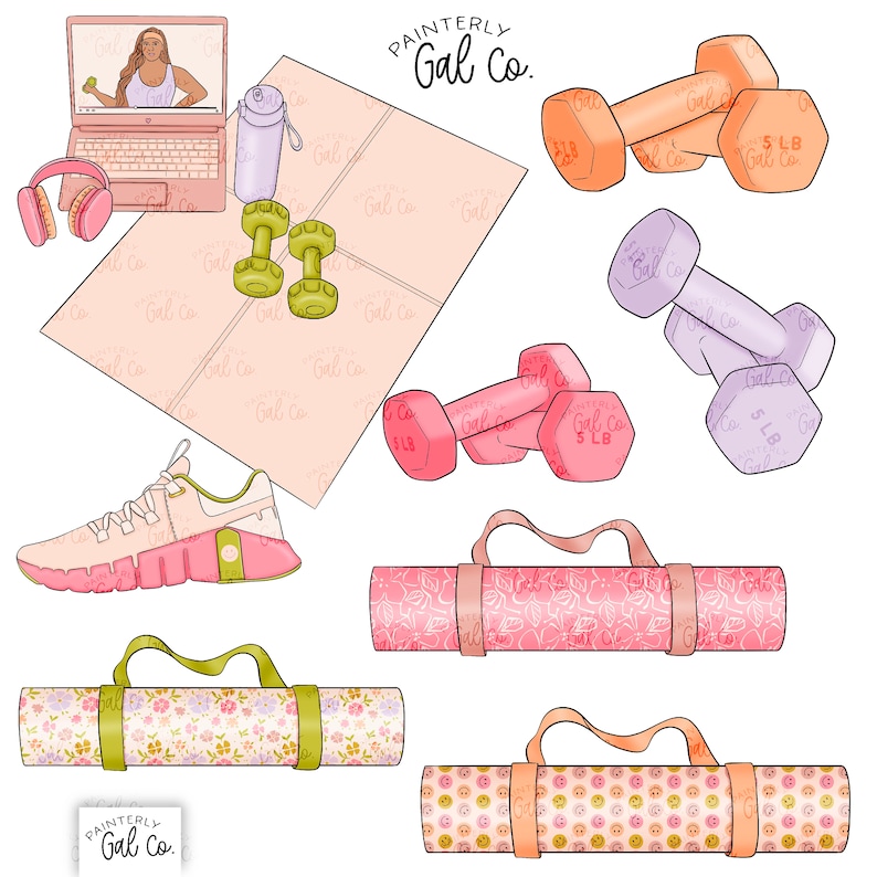 Op de afbeelding: Een set fitnessapparatuur inclusief een yogamat, een paar 2,3 kg dumbbells, een waterfles, een koptelefoon, een laptop en een paar sneakers. De yogamat heeft een bloemenpatroon en de dumbbells zijn in verschillende kleuren. De laptop heeft een scherm waarop een vrouw aan het sporten is. De tekst "Painterly Gal Co." is zichtbaar op de afbeelding.