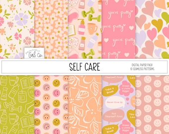 May include: A digital paper pack with 10 seamless patterns featuring various self-care themes. The patterns include flowers, hearts, smiley faces, and motivational quotes like "Take a Break" and "Dream a Little Bigger".