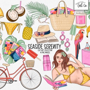 Seaside Serenity Clip Art / Playa, Lectura, Libros, Verano, Imágenes PNG Clipart / Pegatinas digitales de libros de verano.