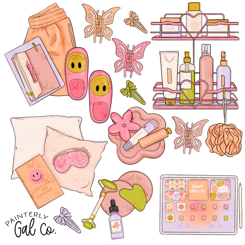 Op de afbeelding: Een verzameling zelfverzorgingsproducten in roze en perzikkleuren, waaronder een paar slippers, een slaapmasker, een dagboek, een gezichtsroller, een set oogmaskers, een make-up-palette, een badspons, een fles serum, een tube lippenbalsem, een set haarclips en een decoratief rek met flessen lotion en douchegel. De tekst "Fall in Love with Yourself" staat op het dagboek.