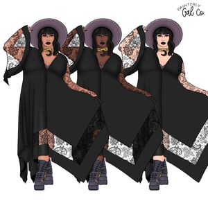 May include: Three women wearing black witchy dresses with lace trim and purple wide-brimmed hats. The dresses have a long, flowing silhouette and the women are standing with their arms crossed. The text "Painterly Gal Co." is in the upper right corner of the image.