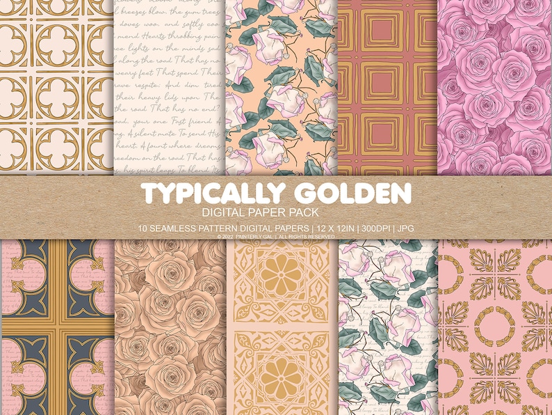 Typically Golden Digital Paper Pack | Vintage Seamless Pattern ...