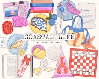 May include: A collection of coastal-themed clip art images. The image includes a pink camera, books, food items like ice cream and a pastry with blueberries, a seashell, a comb, a tote bag with a lobster, and a checkerboard.