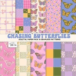 Chasse aux papillons, motifs numériques en papier, motif printanier sans couture, motif floral en tissu