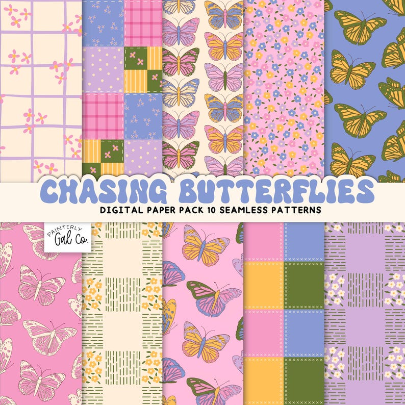 Chasing Butterflies Digital Paper Patterns, Spring Seamless Pattern ...