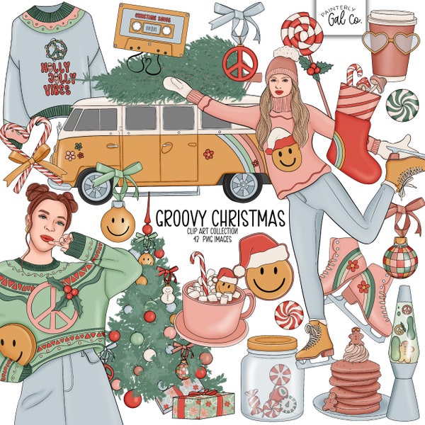 Groovy Christmas Clip Art  | Retro Holiday, Xmas Clipart PNG images | Digital Stickers.