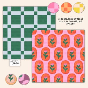 May include: Digital seamless patterns in various designs. Includes a green and white checkered pattern, a pink pattern with orange flower shapes, and other colorful circular patterns. The text reads "21 seamless patterns 30.5 x 30.5 cm. 300 DPI, JPG images."