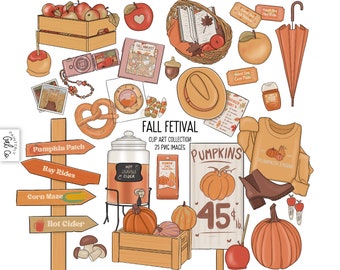 May include: Fall festival clip art collection with 25 images.  The images include pumpkins, hay rides, corn mazes, hot cider, a pumpkin patch, and more.  The images are in a cartoon style and are perfect for fall crafts, scrapbooking, and other projects.