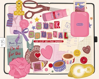 Op de afbeelding: Een digitale collage van junk journal benodigdheden waaronder een schaar, lijmstift, roze instant camera, washi tape rollen, een gele binderclip, knopen, een bonnetje, een hartvormige kaart en verfrommeld roze papier met de tekst Junk Journal.