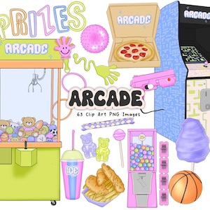 Arcade-illustraties, digitale stickers videogames, retro clipart jaren 90